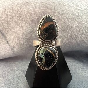 ❤️ Rare BlackJack Turquoise 2 Stone 926 Adj Size 8.25 Navajo Ring 9.5gm Unisex